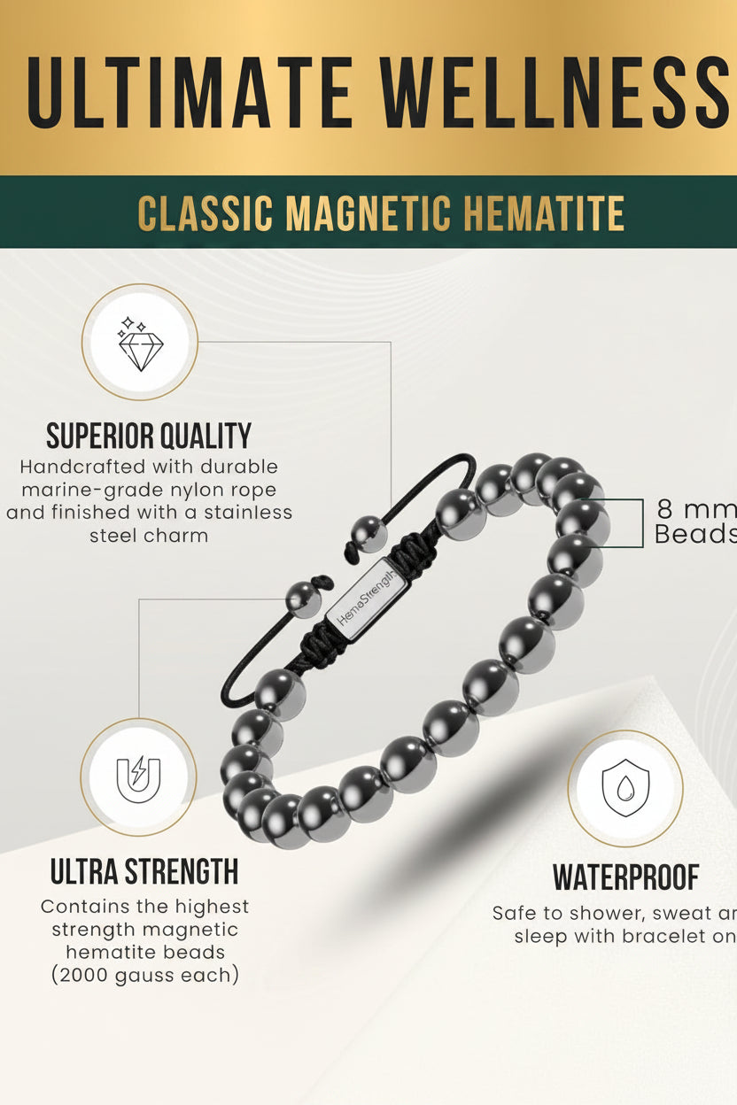 ® Hematite Magnetic Bracelet - Max Strength Magnet Stones - Beaded Magnetic Hematite Bracelets (Classic 8Mm Bead)